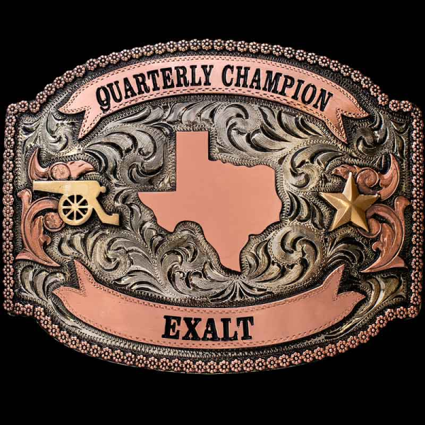 Show off your Texas Pride with the Rio Grande Custom Buckle! Detailed with a berry edge, copper scrolls, banners and Jeweler's Bronze elements. Personalize it now!